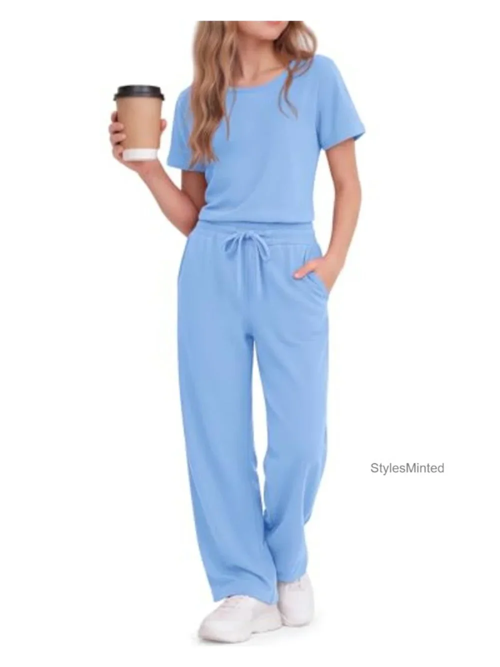 Girls 2 Piece Summer Outfit Set, Tween Crew Neck Top & Drawstring Pants with